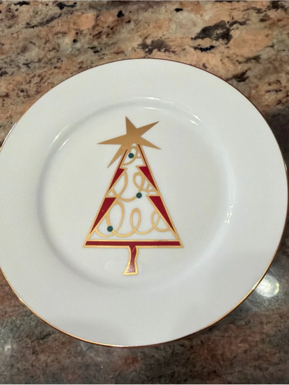 Set of 4 Pier 1 Christmas Tree Holiday Salad Plates 7.5” Green Red Gold Star